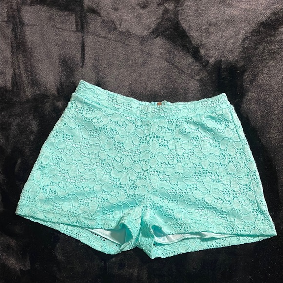 High Waist Blue Textured Shorts - Picture 1 of 4
